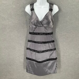Bisou Bisou Dress Sz 6 Gray Satin‎ Lace Babydoll Sleeveless Party Cocktail Mini